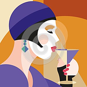 Fashionable stylish woman drinking wine. Modernist style woman in a hat with stylish headdress. Modernism style art. photo