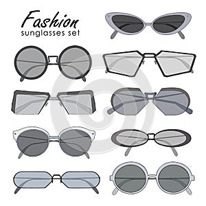 Fashionable sunglasses collection. Different shape spectacles. Colorful vector illustration set.