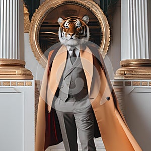 A fashionable tiger in stylish clothing, posing for a portrait with a dignified and powerful aura3