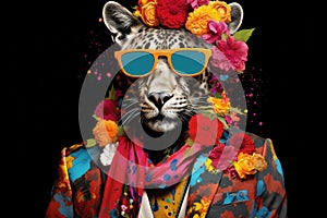 Fashionable tiger with sunglasses and floral wreath on black background, charming mohawk wearing a vibrant, oversized outfit, AI