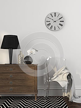 Fashionable transparent chair near the chest of drawers