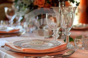 fashionable trendy table setting in peach fuzz color