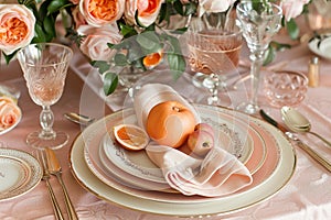 fashionable trendy table setting in peach fuzz color