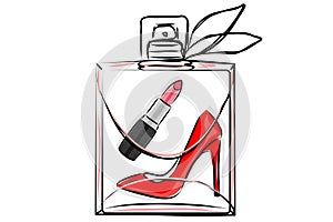 Fashionable vector illustration. An image of a transparent perfume bottle with lipstick and red high-heeled shoes inside