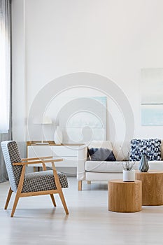 Fashionable vintage retro armchair in contemporary living room interior photo