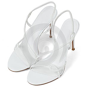 Fashionable White Leather Women's Sandals Shoes with Thin High Heels with Straps on White Background