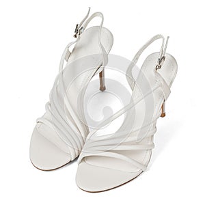 Fashionable White Leather Women's Sandals Shoes with Thin High Heels with Straps on White Background