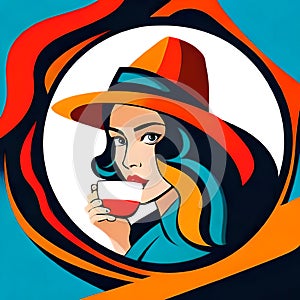 Fashionable woman in a big hat holding a cup of coffee generative ai. Rustic vintage vestern style