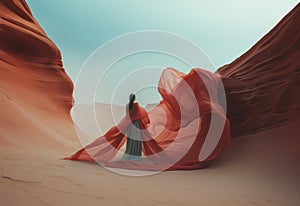 Fashionable woman in a long dress and a veil in the windy desert.