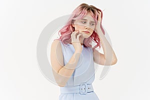 fashionable woman pink hair posing fashion clothes lifestyle fun design