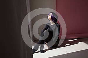 Fashionable woman with purple hair anime Japan cosplay