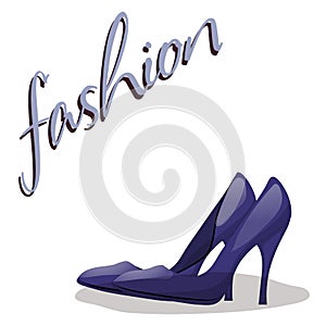 Fashionable woman s shoes blue color and fashion handwritten sing.