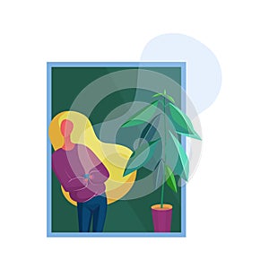 Fashionable woman staing near window and flowerpot at home and resting. Trendy minimalistic cartoon style vector