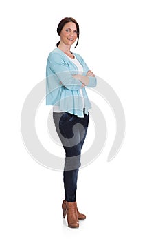 Fashionable Woman Standing Arms Crossed Over White Background