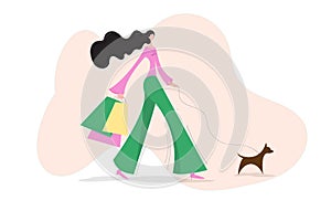 Fashionable woman walking with shopping bags and a dog. Vector flat style illustration of a lady shopping and walking outdoor