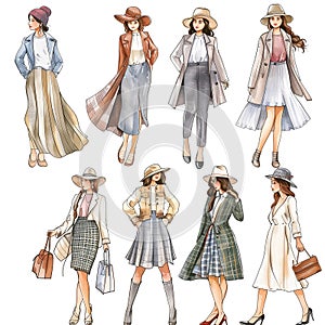 Fashionable women in hats and coats. Watercolor hand drawn illustration.