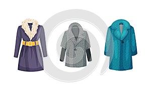 Fashionable women outerwear set. Warm coat, stylish winter, spring or autumn clothing vector illustration