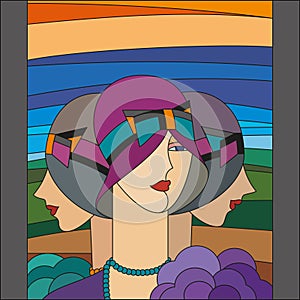 Fashionable women pattern. Three flappers. Art deco stained glass pattern.