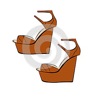 Fashionable women`s brown sandals on a thick platform. Flat style. Design is suitable for icons