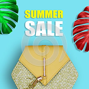 Fashionable women`s handbag and colored sheets with monsters on a bright background with the text summer sale. The concept of