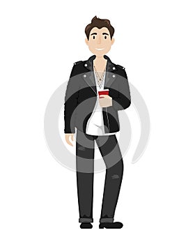 Fashionable young guy in a leather biker jacket, black jeans and a paper Cup of coffee