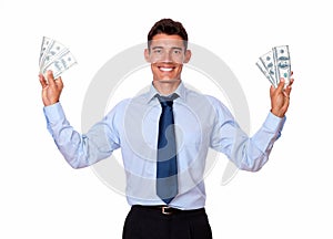 Fashionable young man holding cash dolllars