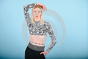 Fashionable young transgender woman on color background