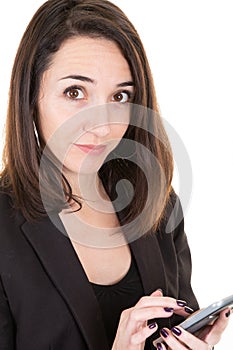 Fashionable Young Woman in Black business suit Busy with her Mobile Phone smartphone