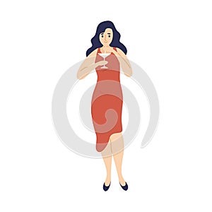 Fashionable young woman drinking cocktail with straw vector flat illustration. Elegant lady in dress with alcohol