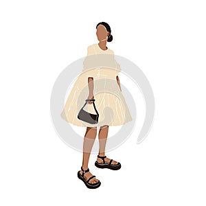 Fashionable young woman. Girl wearing a dress, sandals and handbag. Instagram model. Abstract feminine vector