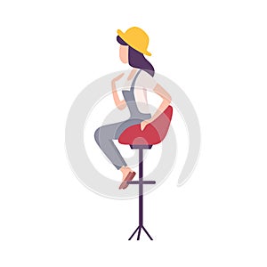 Fashionable Young Woman Sitting in High Chair and Talking Flat Vector Illustration