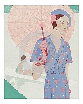 Fashionable young woman in the summer illustration wall art print and poster design remix from the original artwork