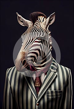 Fashionable zebra in shirt and black and white striped suit