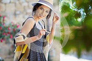 Fashionably dressed woman on the streets of a small Italian town