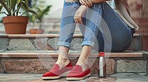 Fashionably Seated on Steps, a Stylish Woman Showcases Her Ruby Red Shoes and a Reusable Bottle, Committing to a Plastic-Free