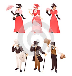 Fashioned retro victorian lady and gentleman with different accessories