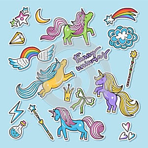 Fashioned vector stickers. Nineties retro style. Unicorn, rainbow an other magic elements photo