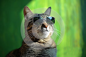 Fashionforward Feline Gets Groovy On A Vibrant Green Stage, Rocking Shades photo