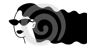 A fashionista woman with cat eye sunglasses, black and white outline cartoon.