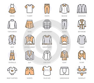 Fasion flat line icons. Men, women apparel - dress, down jacket, jeans, underwear, sweatshirt, turtleneck, sweater. Thin