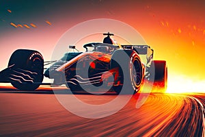 fast-accelerating race car at formula one racing amid sunset, generative ai