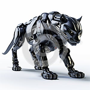 Fast black panther robot, robotic animal isolated over white background. AI Generated