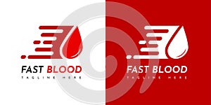 Fast Blood Logo. Quick test blood logo. With blood and move motion icon. On red, white, and black colors. Premium and luxury logo