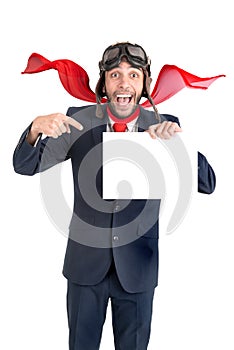 Fast businessman with blank card