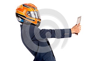 Fast businessman with helmet isolated in white, connecting
