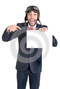 Fast businessman isolated with blank card