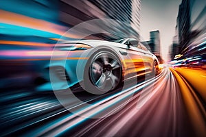 Fast car on the road with motion blur background. 3d rendering