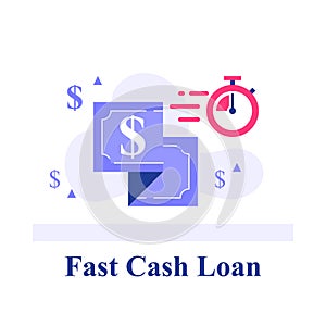 Fast cash loan, dollar bill and stopwatch, financial solution, micro lending, easy money transfer