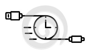 Fast charging concept. Linear icon of quick charger. Black simple illustration of usb wire for smartphone, tablet, gadget and