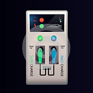 Fast charging stations for electric car. Vehicle charge point AC and DC. Supercharger plug. Vector smart EV